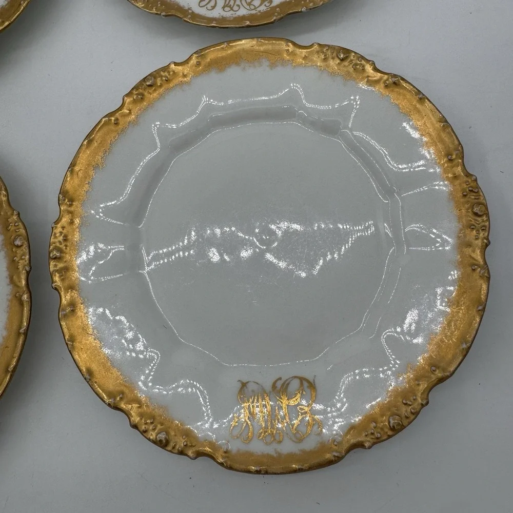 Antique 1909 Set 4 La Seynie P&P Limoges Plates Lycetts Decorators Gold Monogram